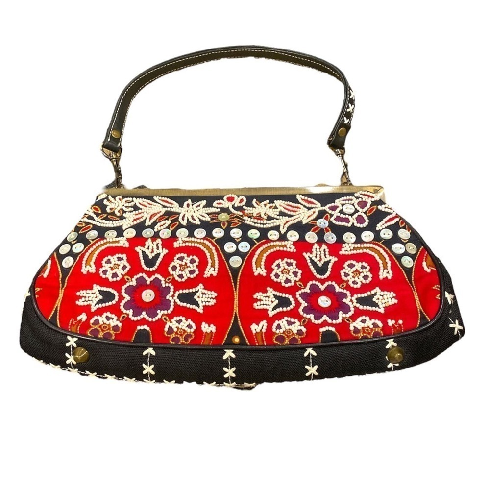 ISABELLA FIORE Beaded Floral Convertible Clutched Shoulder Bag Black Red - Picture 2 of 9